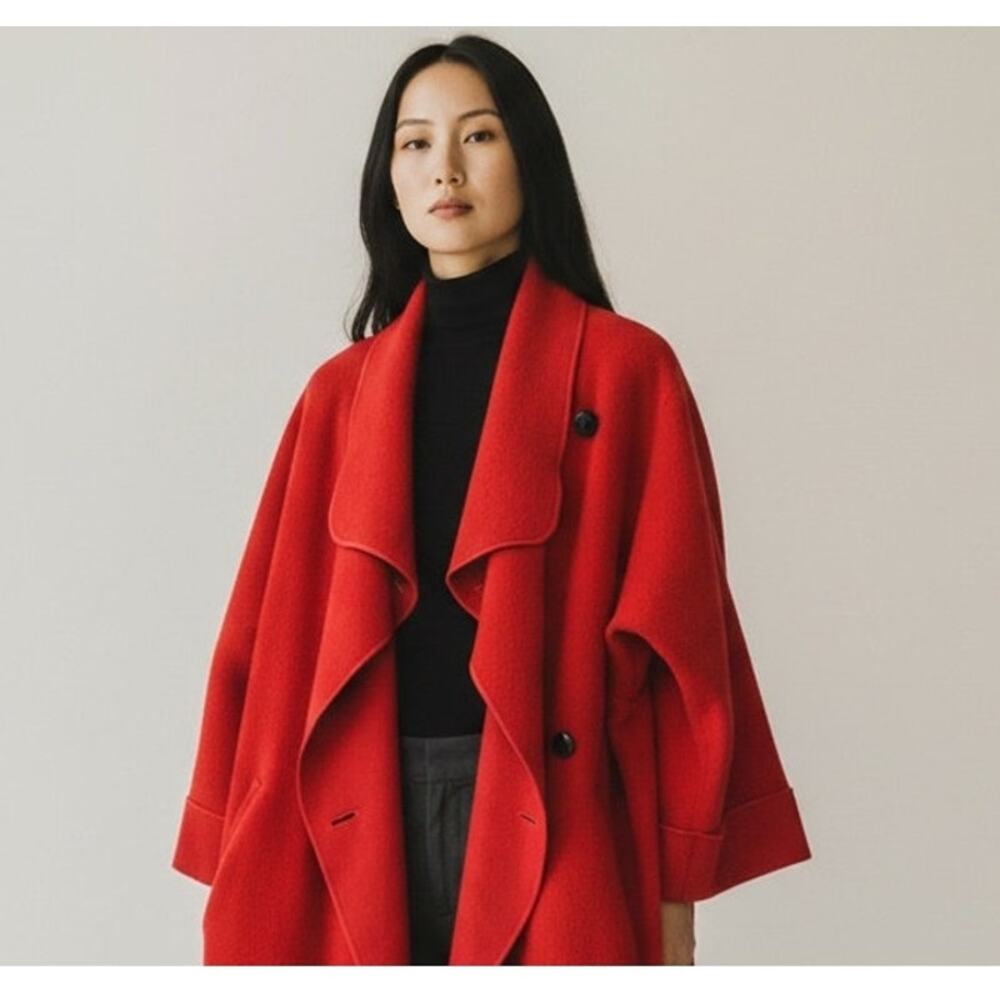Merle Chicago Vintage 100% Wool Red Wrap Coat XL Women Draped Waterfall Collar - Picture 3 of 14